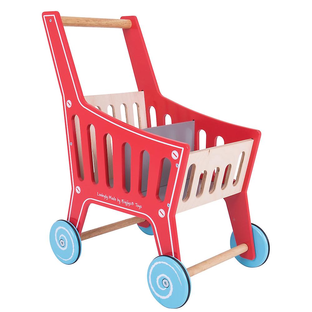 Bigjigs Toys Wooden Supermarket Shopping Trolley Pretend Role Play Cart Shop