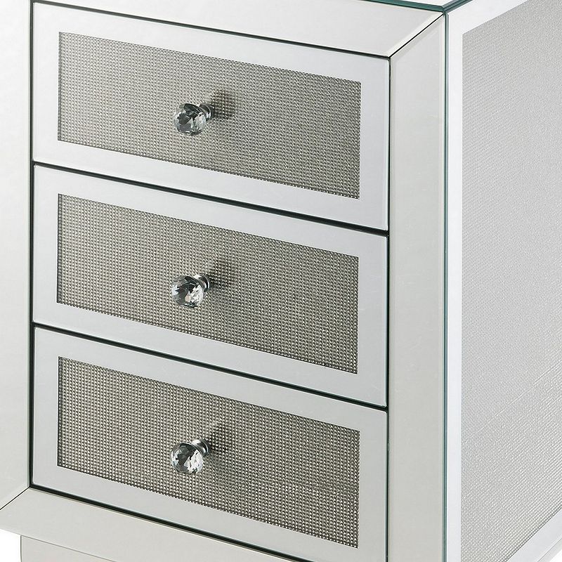 3 Drawer Mirrored Accent Table with Faux Diamond Inlay， Silver