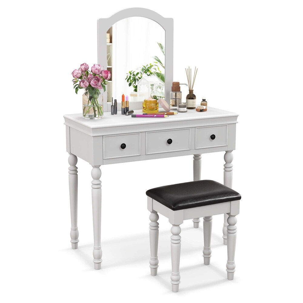 Costway Vanity Table Set Makeup Desk Cushioned Stool 3 Drawer Large   See Details