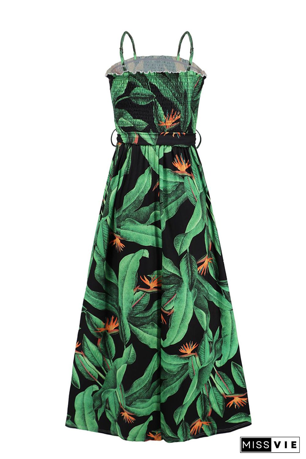 Tropical Print Smocked Top Spagetti Strap Maxi Dress