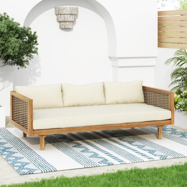 Aidan Farmhouse Outdoor 3 Seater Daybed with Fabiric Cushion by Christopher Knight Home