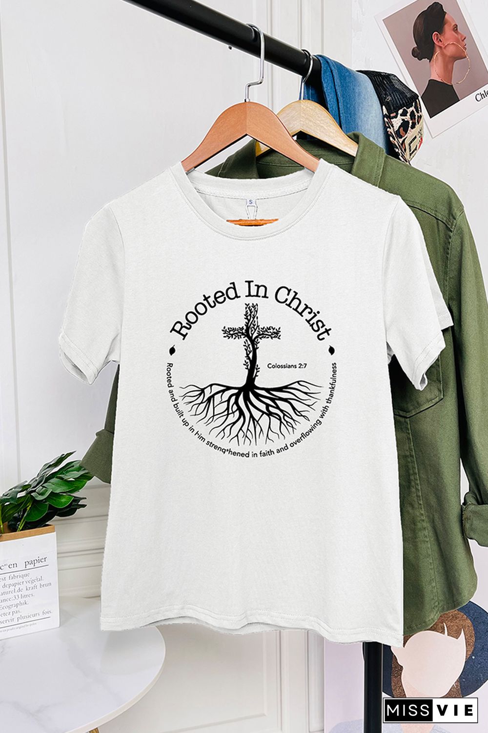 Rooted In Christ Bible Verse Colossians 27 Short Sleeve Graphic Tee Wholesale