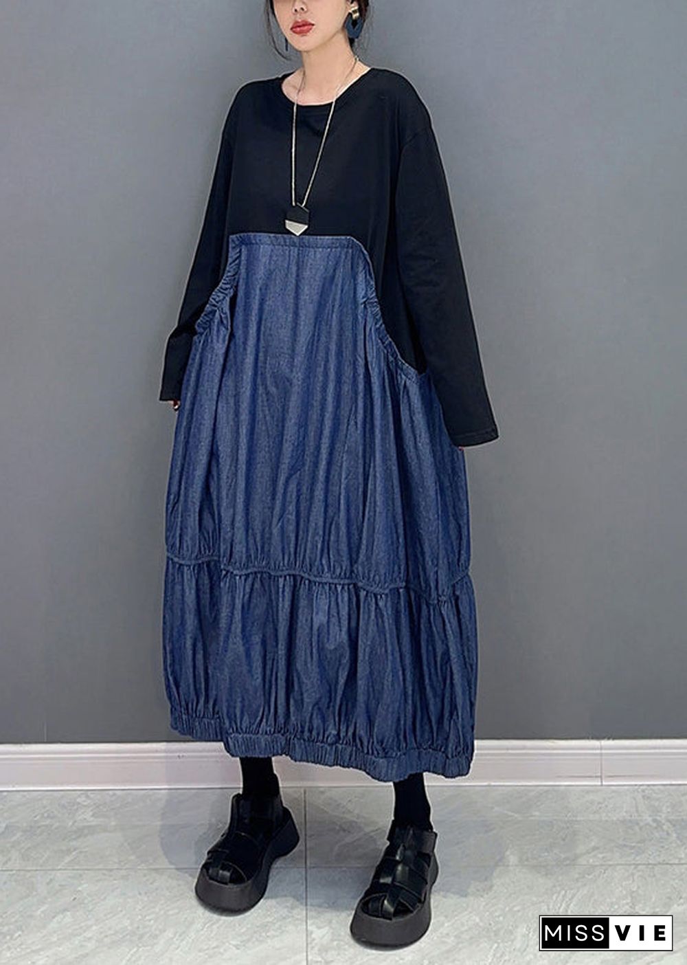 Casual Colorblock Oversized Patchwork Wrinkled Denim Dress Spring