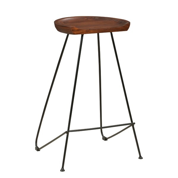 28 Inch Barstool with Acacia Wood Seat and Iron Frame， Dark Brown and Black