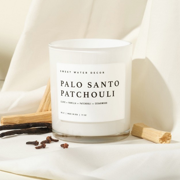 Sweet Water Decor Palo Santo Patchouli 11oz White Jar Soy Candle