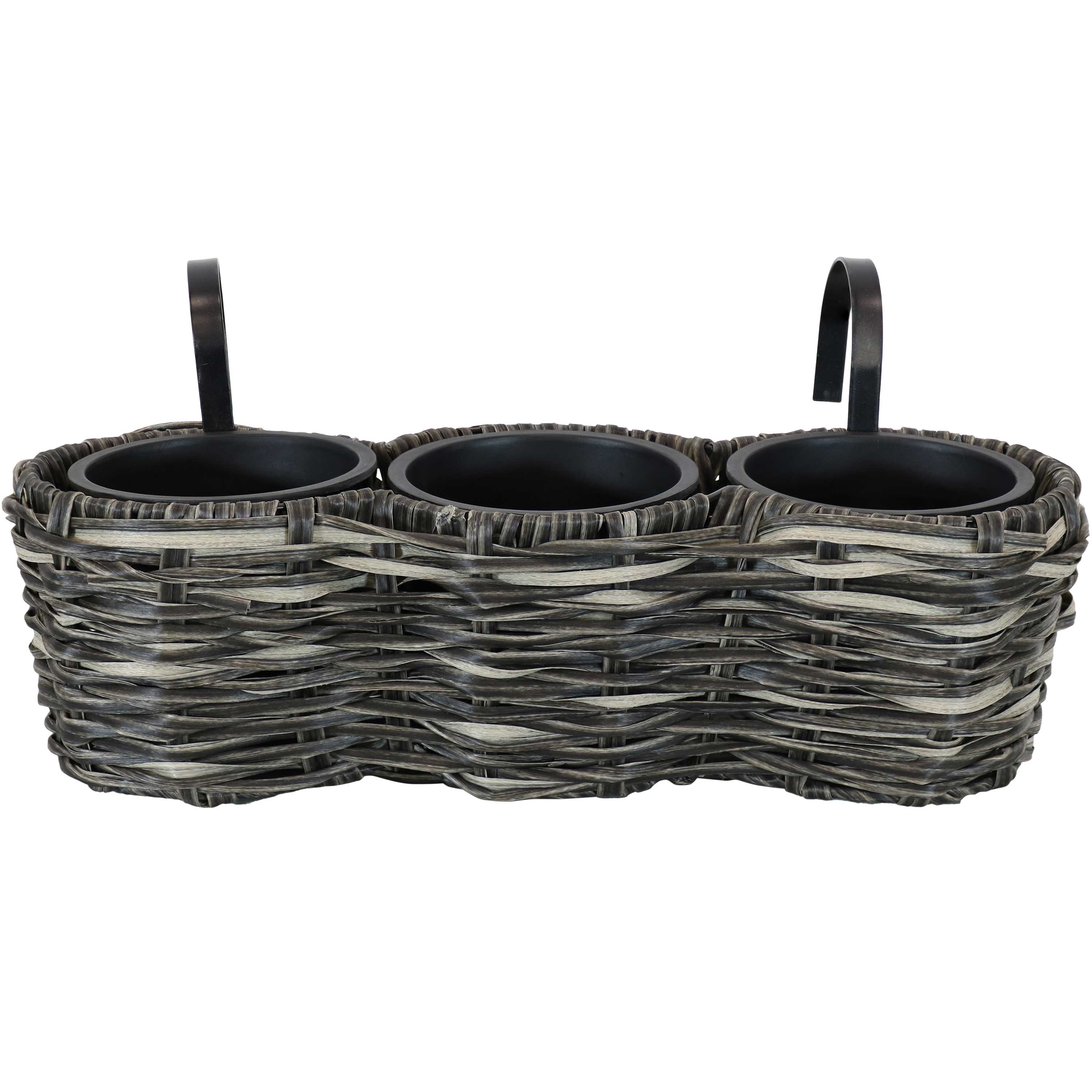 Sunnydaze Indoor/Outdoor Polyrattan Over-the-Rail Tri-Planter with 3 Round Black Plastic Liners - Charcoal