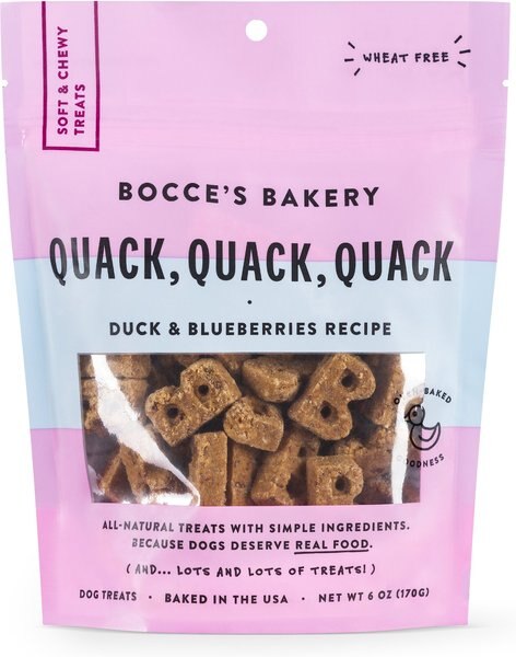 Bocce's Bakery Quack Quack Quack Duck and Blueberry Recipe Soft and Chewy Dog Treats