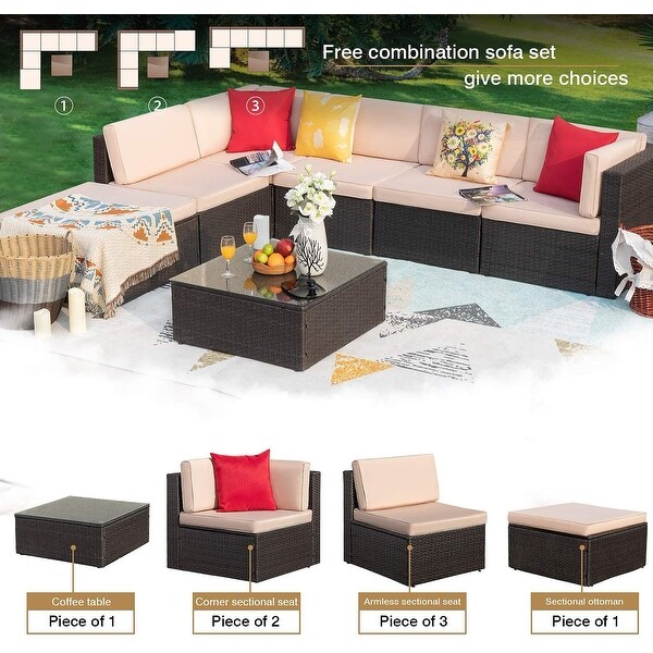 Homall 7 Pieces Patio Furniture Sets All Weather PE Rattan Wicker Sectional Sets Modern Modular Couch Outside Conversation Set