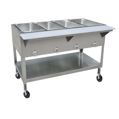 Kratos 28W-199 Mobile Four Pan Open Well Electric Steam Table with Undershelf， 240V， 3000W