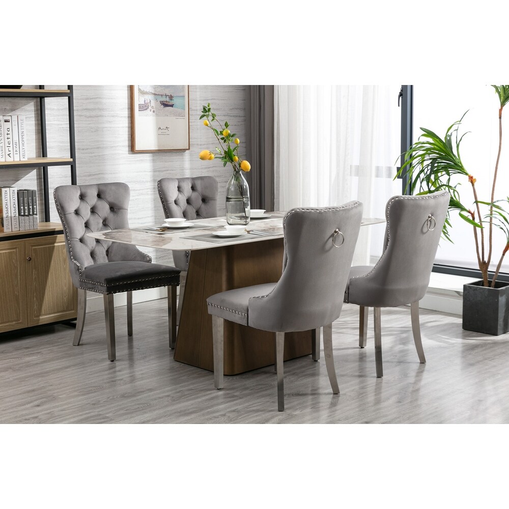 Modern Velvet Upholstered Dining Chairs w/ Stainless Steel Plating Legs Side Chairs   Nailhead Trim Reception Chairs(Set of 2)