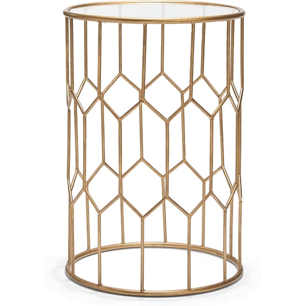 Adore Decor Harper Modern Glass and Metal Side Table， Gold Geometric Decorative Drum