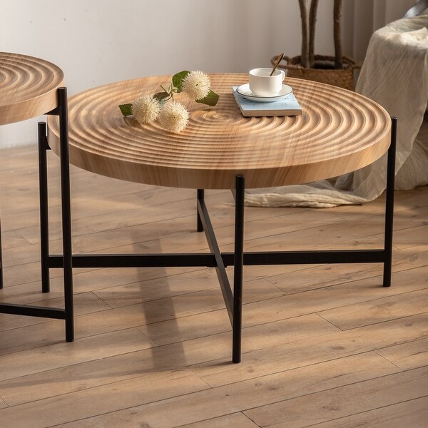 Modern Thread Design Round Coffee Table with Concentric Circular Pattern， MDF Table Top with Cross Legs Metal Base