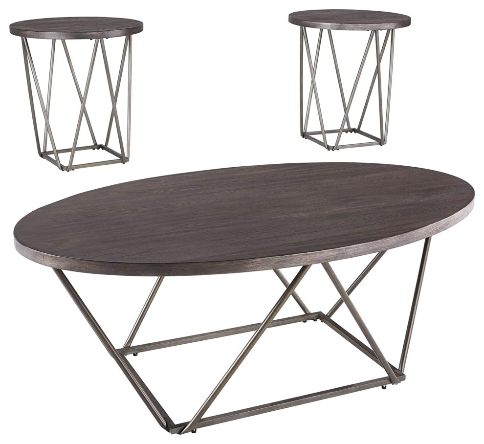 Set of 3 Coffee Table Set  Geometric Bridge Truss Base and Grayish Brown Top   Industrial   Coffee Table Sets   by Decor Love  Houzz