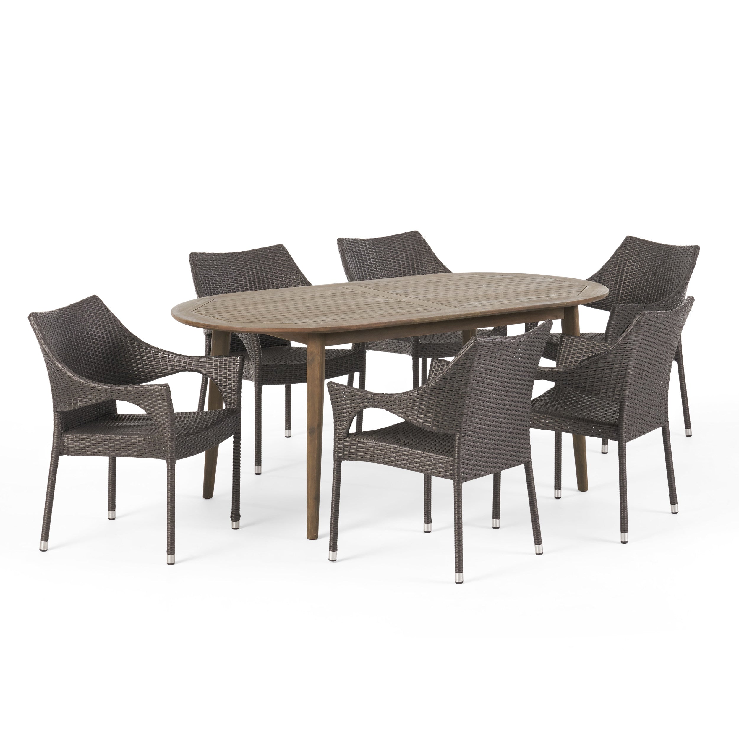 Fox Outdoor 7 Piece Acacia Wood Dining Set with Stacking Wicker Chairs