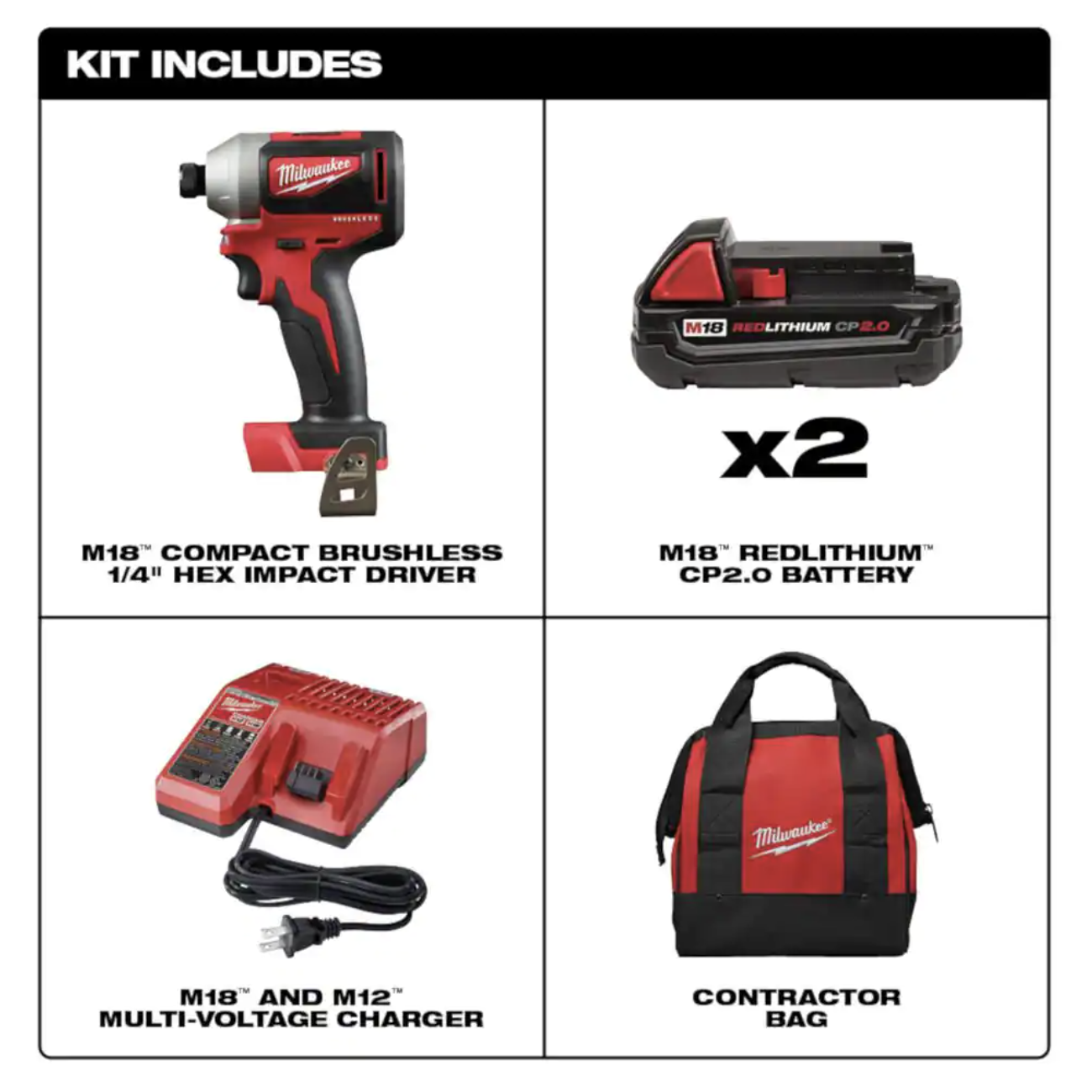 Milwaukee M18 18V Lithium-Ion Brushless Cordless 1/4 in. Impact Driver Kit with Two 2.0 Ah Batteries， Charger and Hard Case