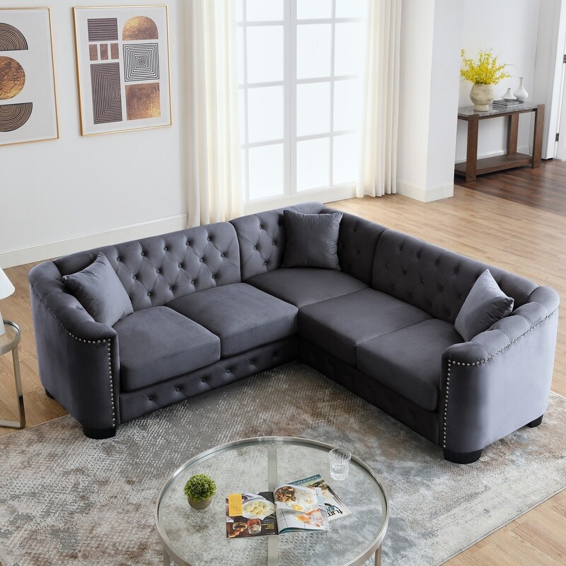 Modern 3 Seater Corner Combination Velvet Sofa For Living Room  Grey