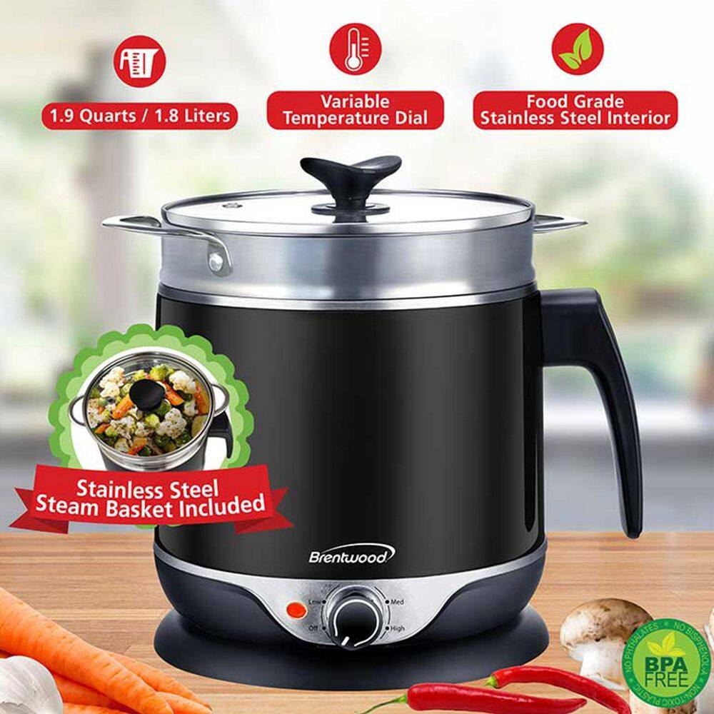 Brentwood Stainless Steel 1.9 qt. Cordless Electric Hot Pot Cooker and Food Steamer in Black 985117019M