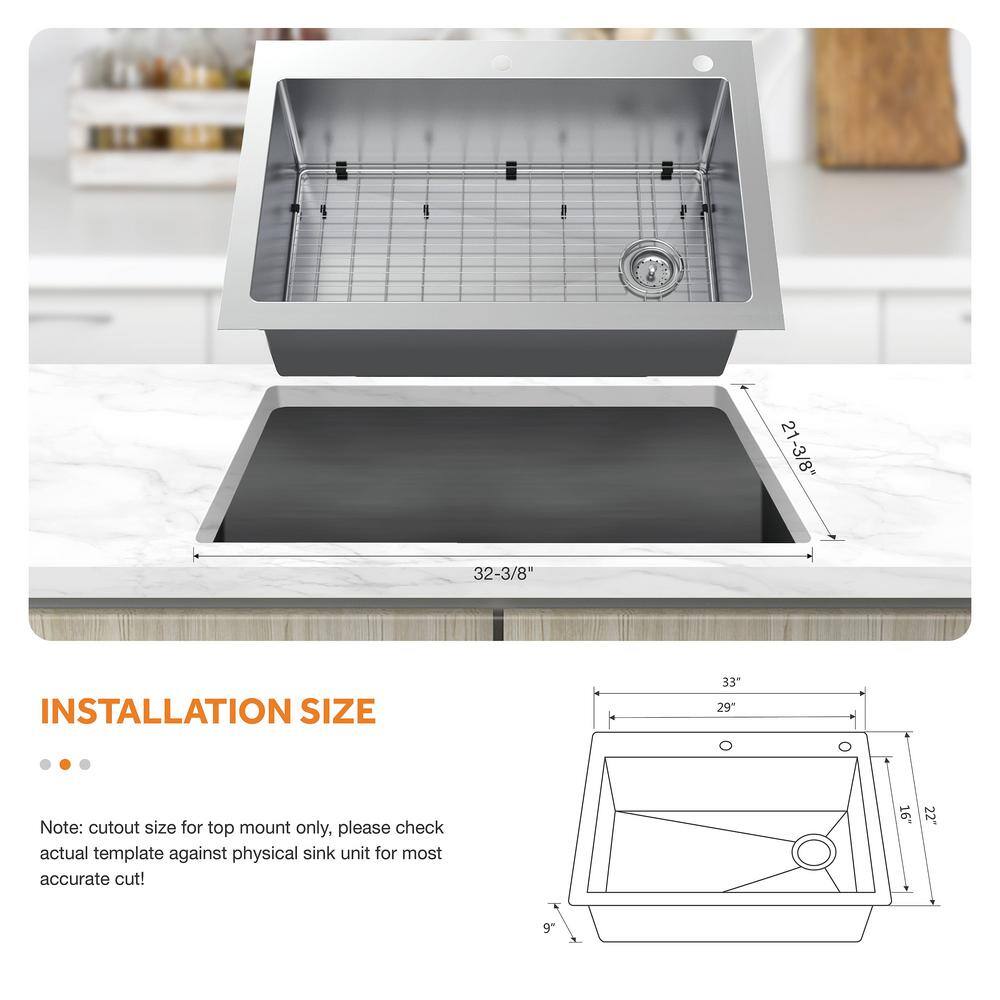 Glacier Bay AIO Dolancourt Tight Radius Drop-InUndermount 18G Stainless Steel 33 in. Single Bowl Kitchen Sink with Pull-Down Faucet VDR3322A1PA1-2A