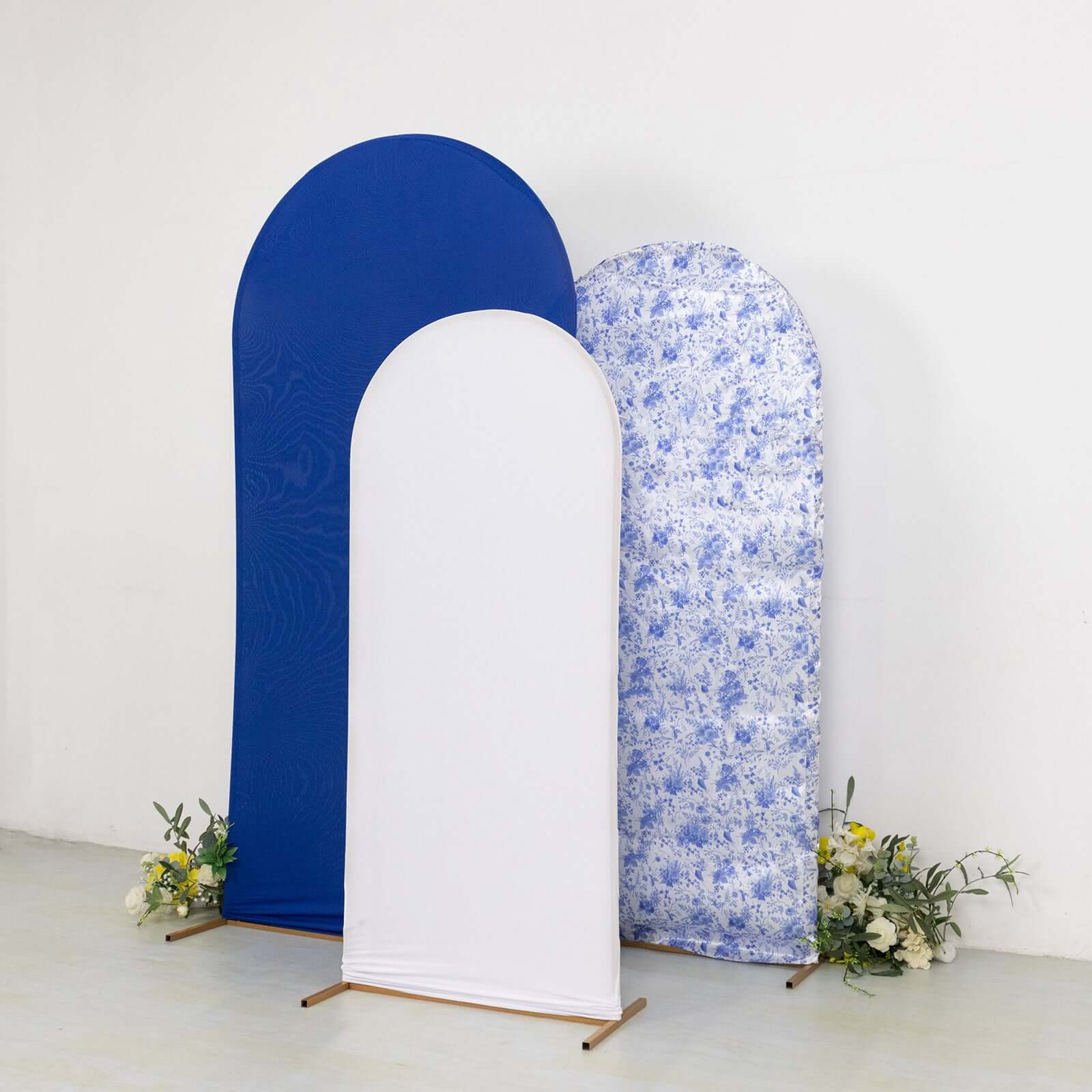 Set of 3 White Blue Fitted Backdrop Stand Covers with Round Top, French Toile Pattern and Matte Spandex Wedding Arch Frame Covers