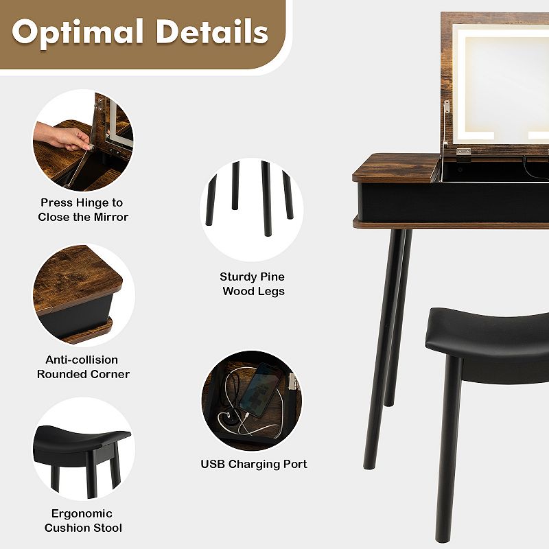 Vanity Table Set with Flip Top Mirror Lights USB Writing Desk and Stool-Brown