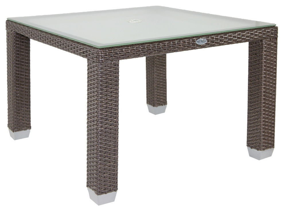 Maya Square Outdoor Dining Table With Glass Top  Signature Espresso Brown   Tropical   Outdoor Dining Tables   by Patio Heaven  Houzz