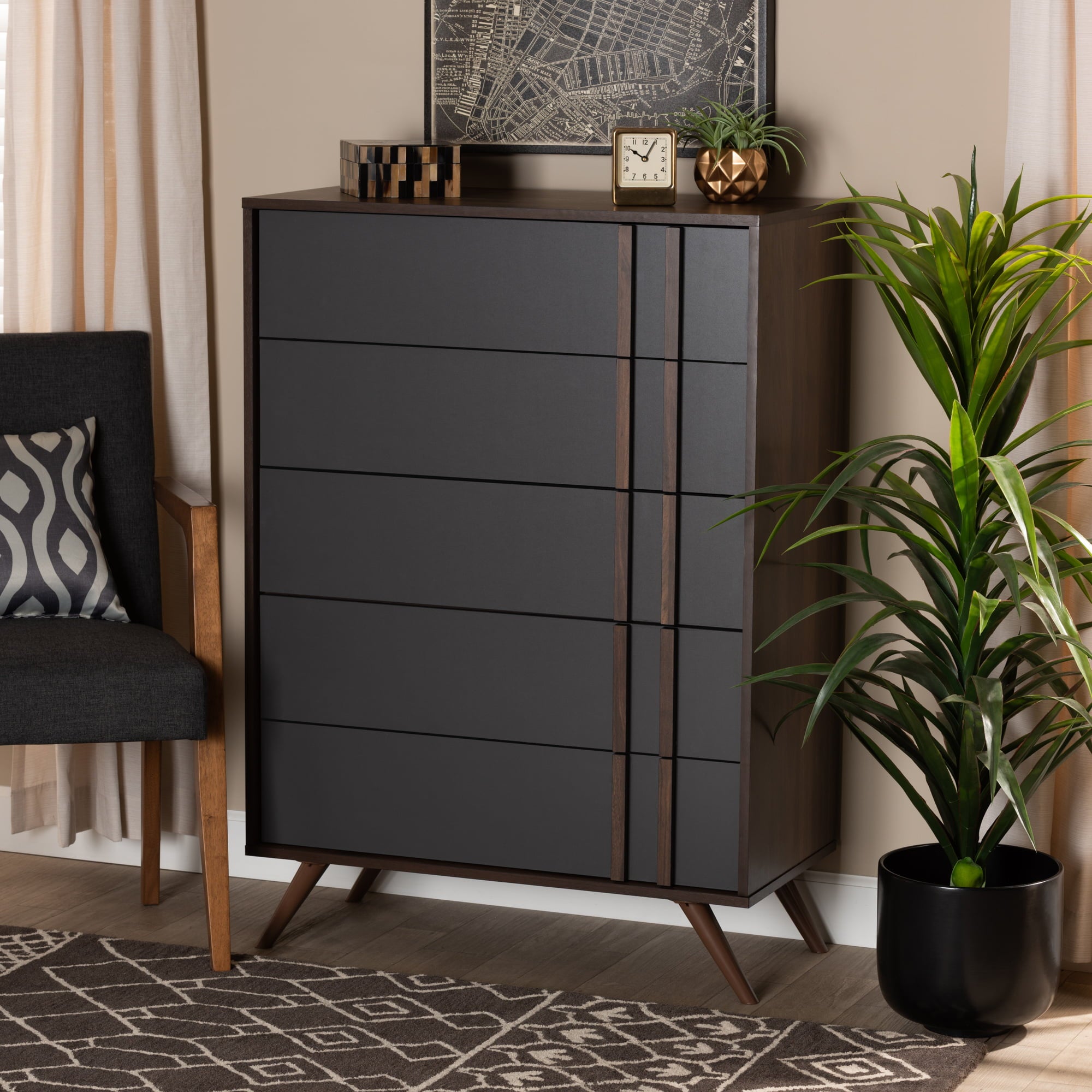 Baxton Studio Naoki Modern and Contemporary Two-Tone Grey and Walnut Finished Wood 5-Drawer Bedroom Chest