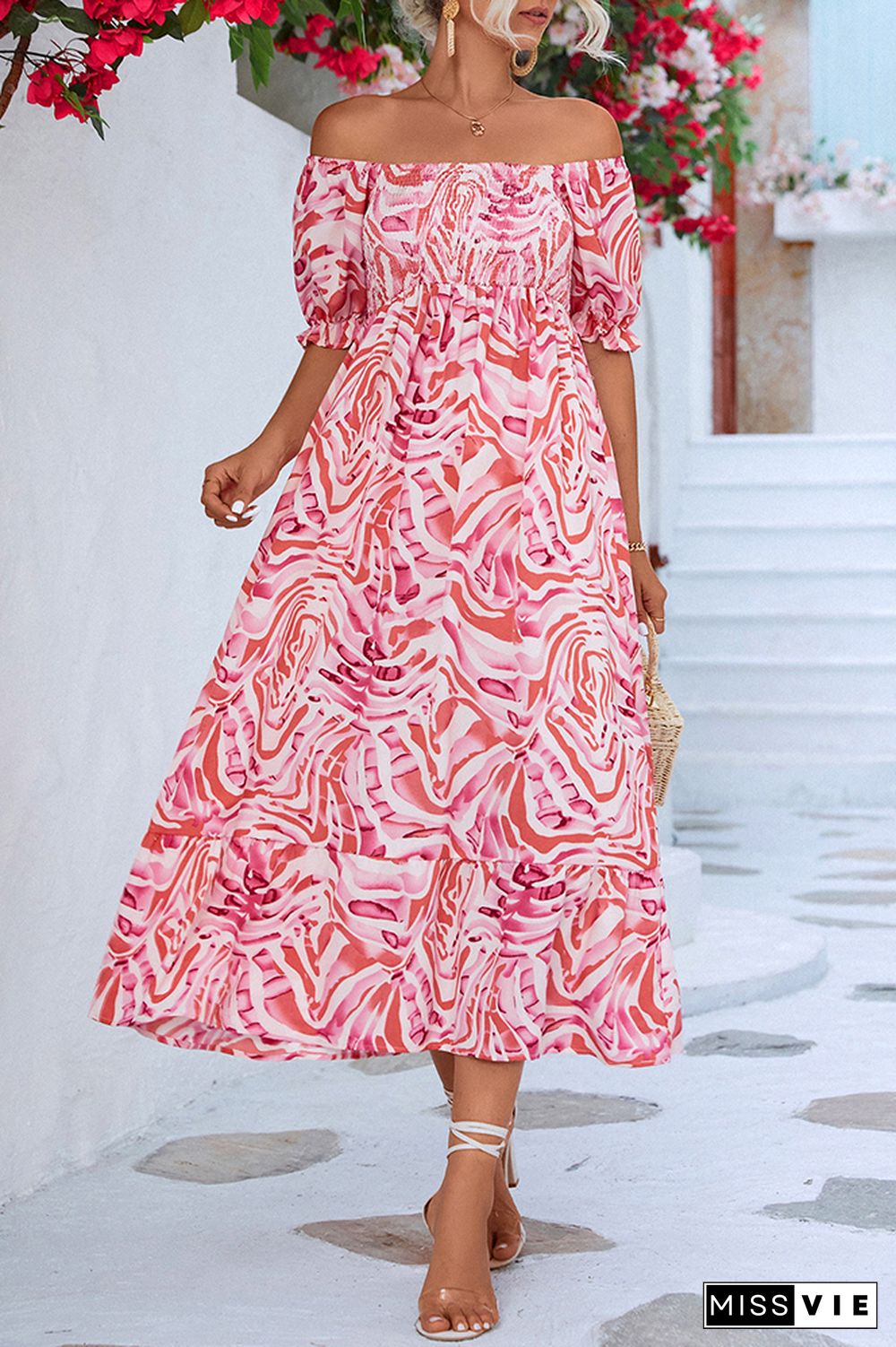 Off Shoulder Smocked High Waist Printed Maxi Dress