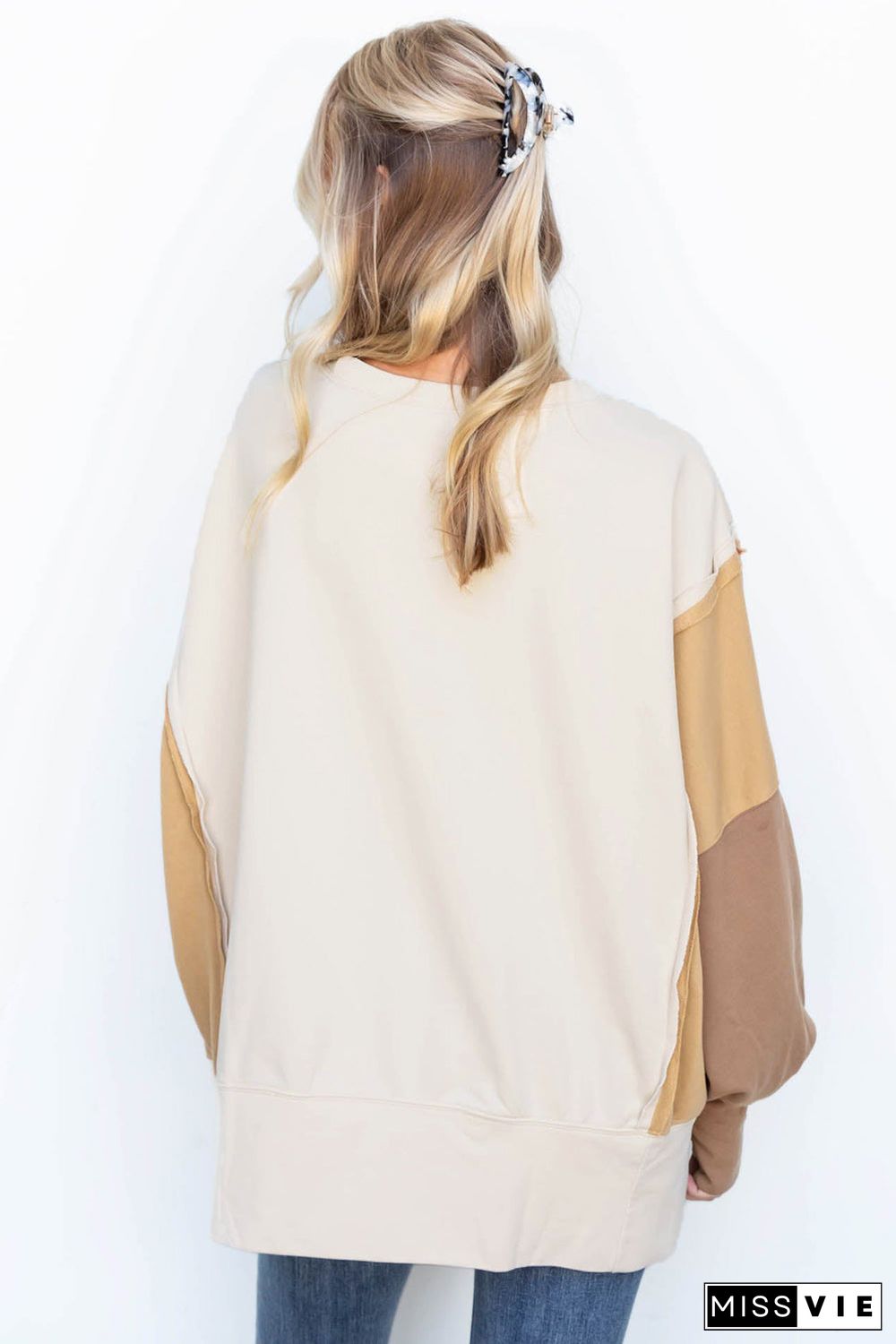 Khaki Color Block Sleeve Patchwork Oversized Sweatshirt