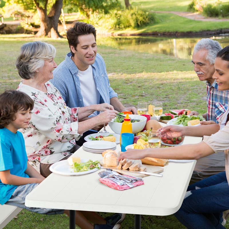 4-Person Folding Picnic Table Bench Set with Wood-like Texture & Metal Frame, Portable Outdoor Camping Dining Table Set