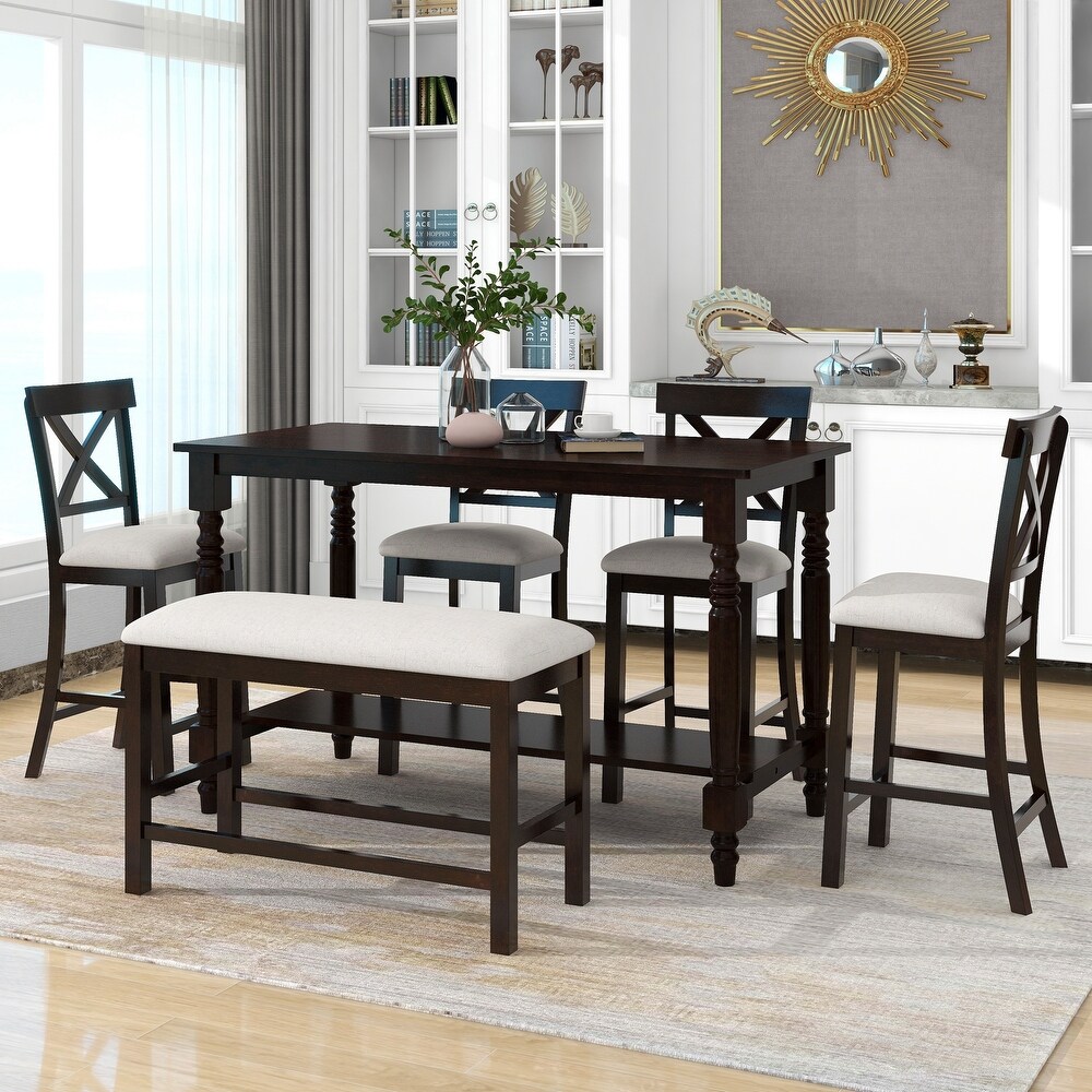 6 Pieces Counter Height Dining Table Set Table with Shelf 4 Chairs and Bench for Dining Room