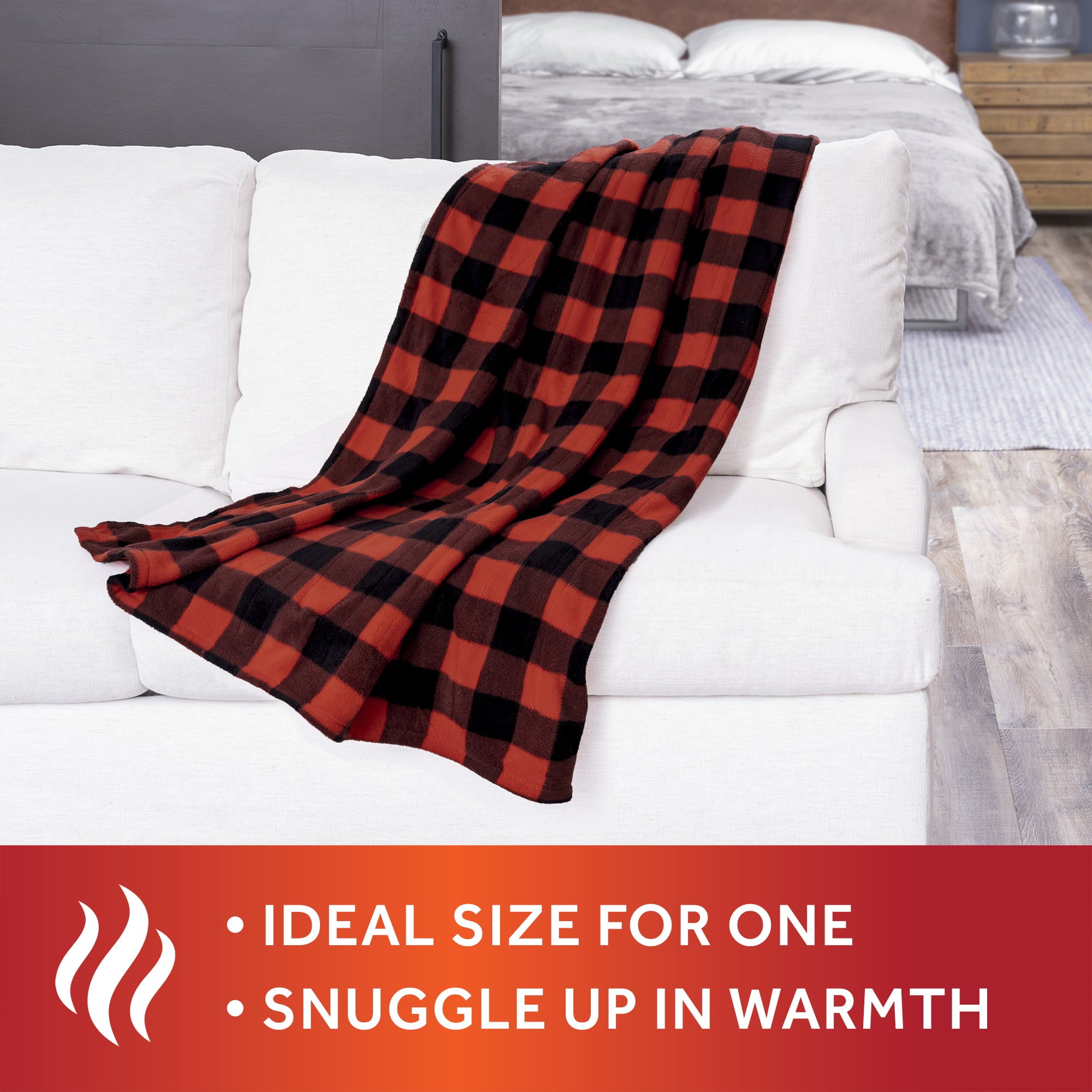 Sunbeam Red Black Buffalo Plaid Fleece Electric Heated Throw， 50