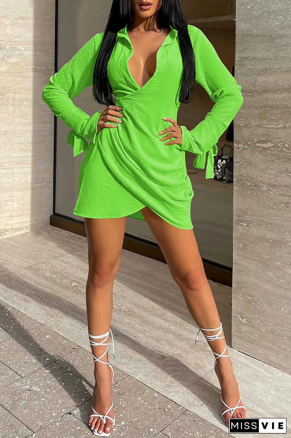 Fluorescent Green Casual Solid Patchwork V Neck Long Sleeve Dresses