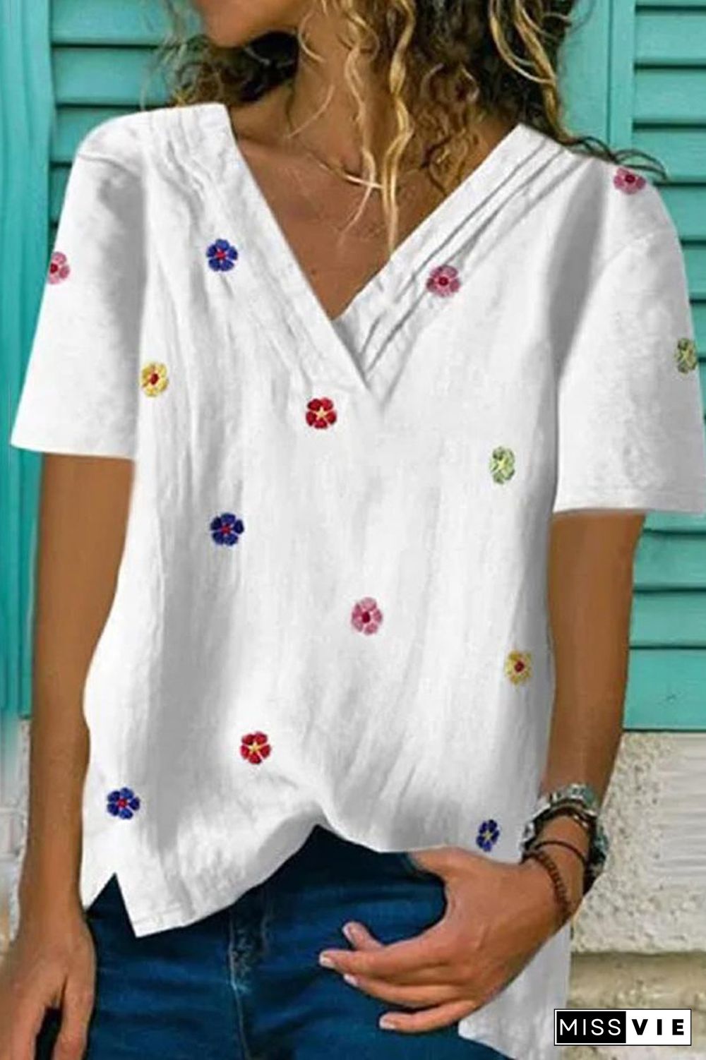 Short Sleeve Floral Print V-Neck T-Shirt