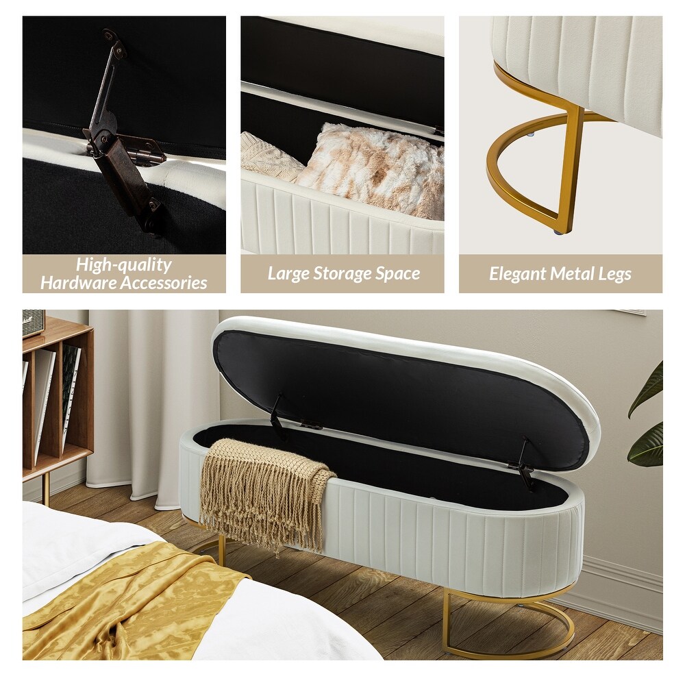 David Modern Upholstered Flip Top Storage Bench with Golden C shaped Sled Legs By HULALA HOME