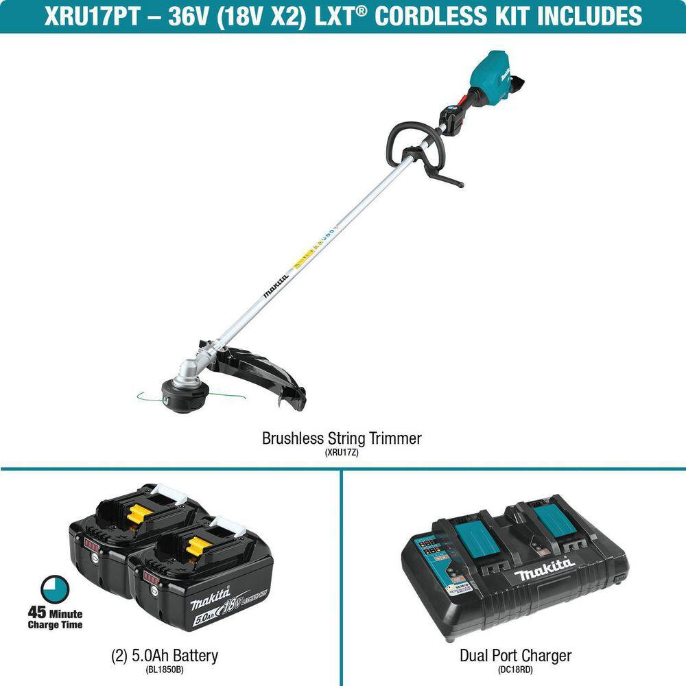 Makita 18V X2 (36V) LXT Lithium-Ion Brushless Cordless String Trimmer Kit (5.0 Ah) with bonus 18V LXT Battery 5.0 Ah (2-Pack) XRU17PT-BL18502