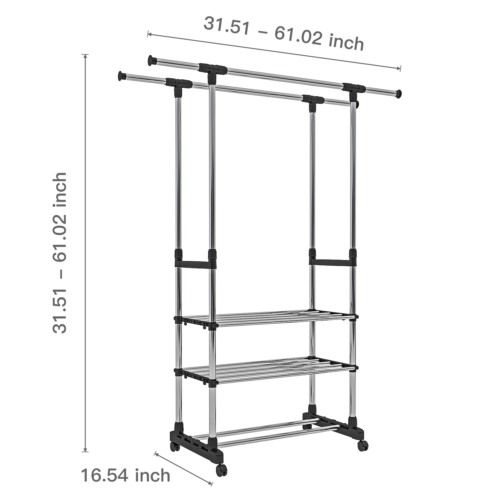 Resenkos Adjustable Garment Rack with 2 Tier Metal Shelf for Shoes Boxes, Rolling Clothes Organizer, High Capacity, Stainless Steel, Heavy Duty