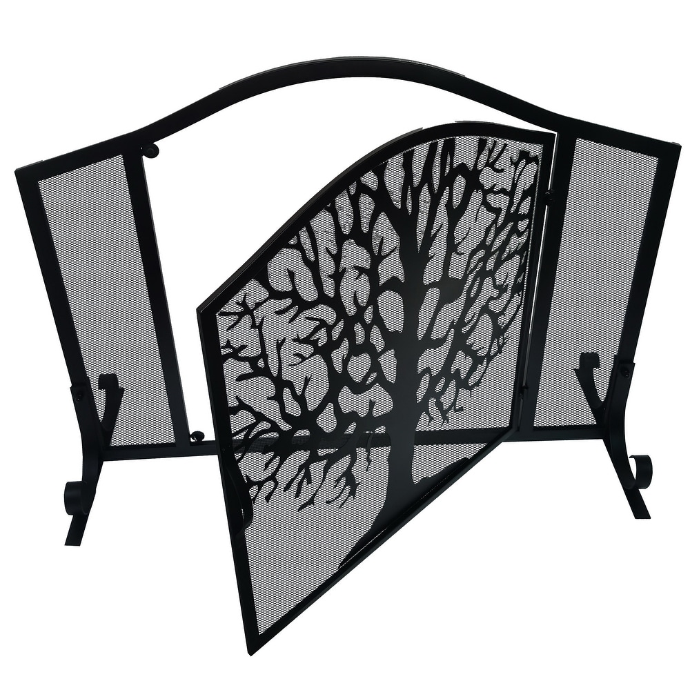 43 Inches 3 Panel Iron Fireplace Screen  Mesh Design  Arched Top  Tree of Life Art  Black