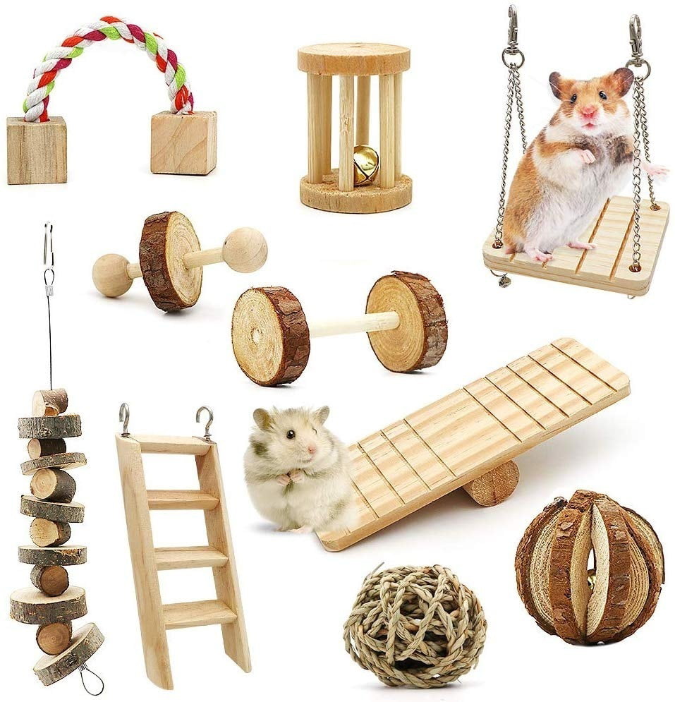 Willstar 10pcs Natural Wooden Hamster Toys Set Guinea Pig Toy Rabbit Rat Chinchillas Chew Toys Exercise Accessories for Small Animal Chewing and Teeth Care