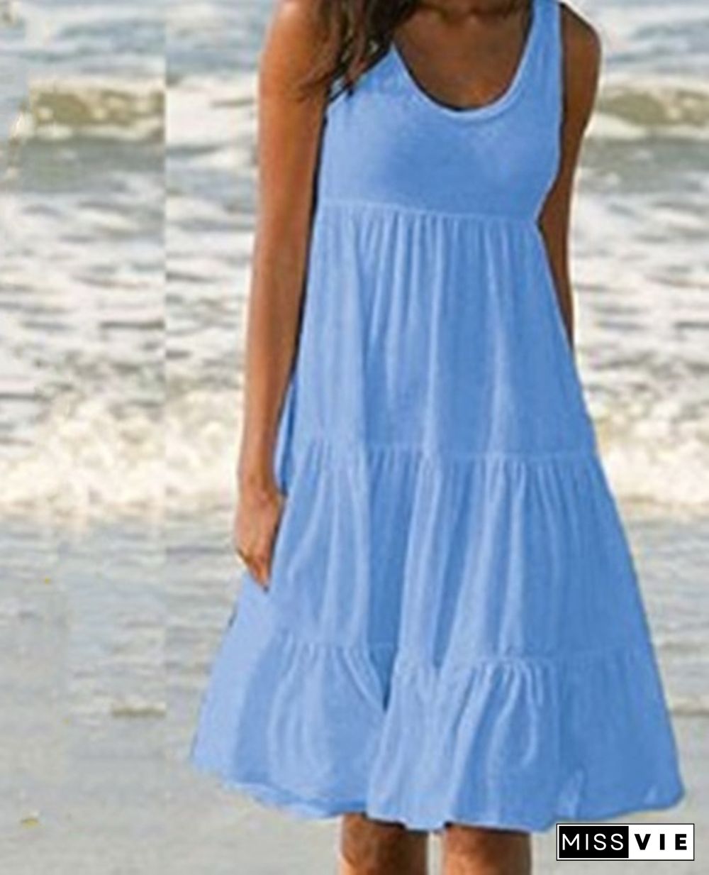 New Fashion Summer Women Casual Dress Round Neck Loose Big Swing Skirt Sleeveless Soild Color Beach Dress