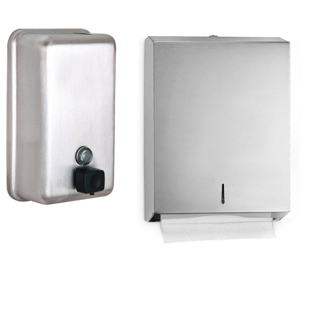 Alpine Industries Stainless Steel C-FoldMulti-Fold Paper Towel Dispenser and Vertical Manual Liquid Soap Commercial Dispenser Combo 480-423-PKG