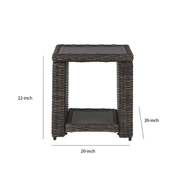 Handwoven Wicker End Table with Open Shelf， Brown and Black - 22 H x 20 W x 20 L Inches