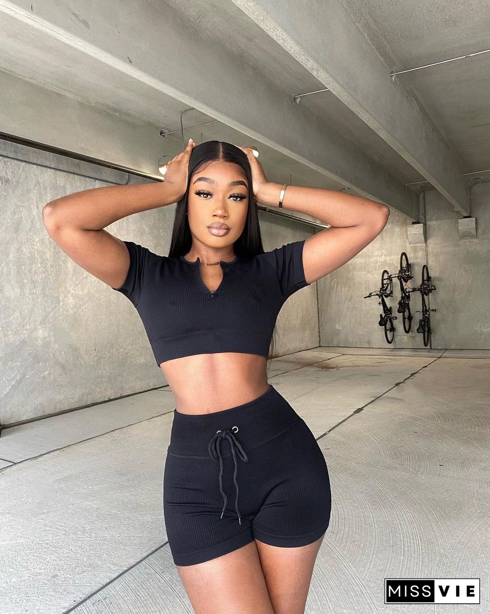 Knitted Short Sleeve Crop Top Biker Shorts Tracksuits