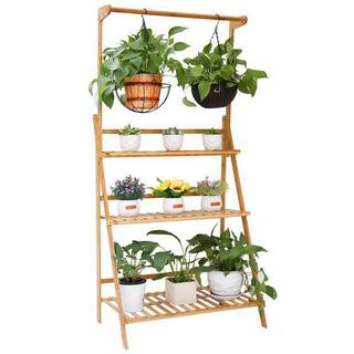 AESOME 56.8 in. x 27.5 in. Bamboo Hanging Plant Stand 3-Tier Ladder Display Rack for Garden Patio Succulent Basket Planter HJ70DL