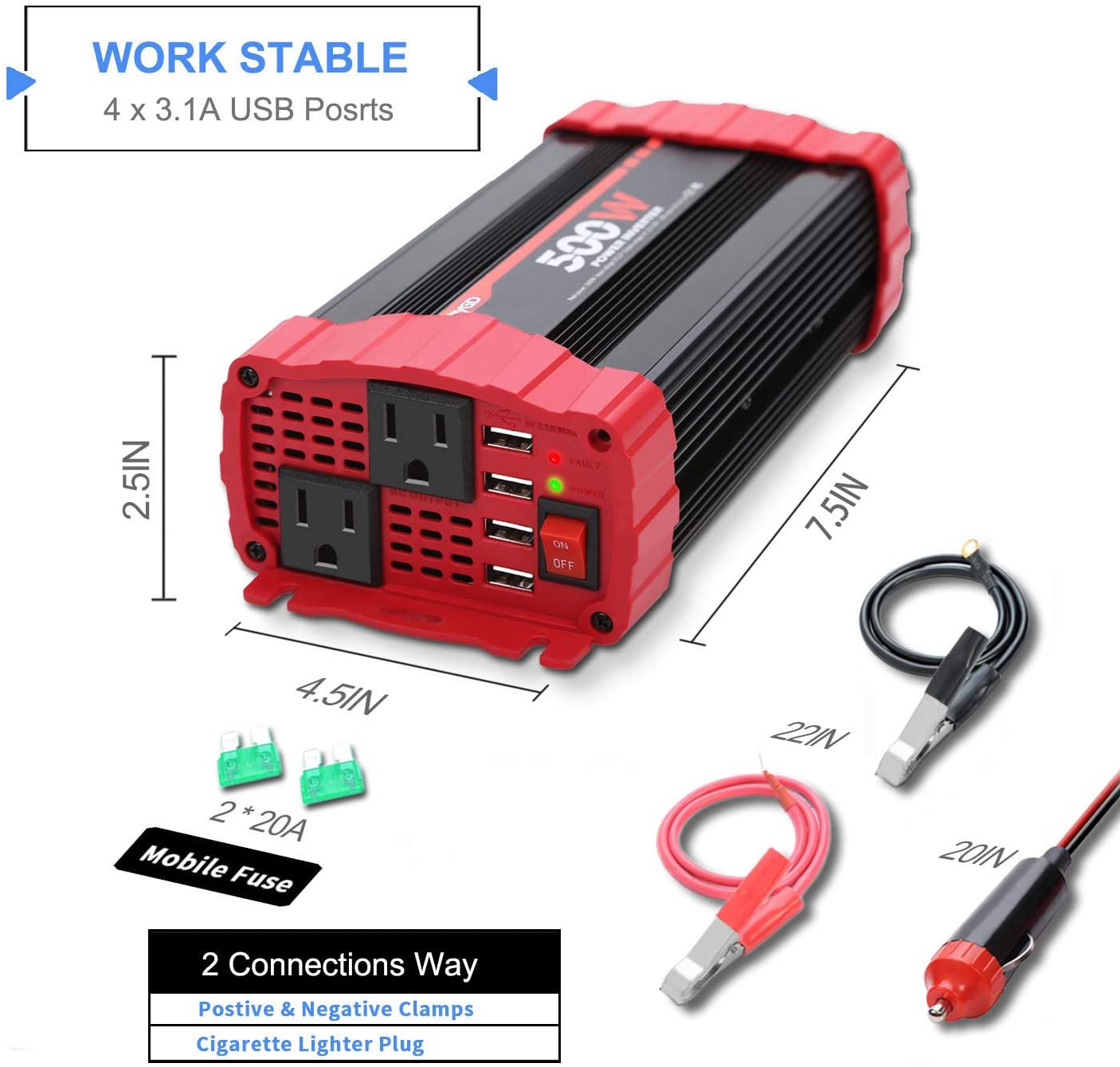 BYGD 500W Car Power Inverter DC 12V to 110V AC Converter Dual Outlets