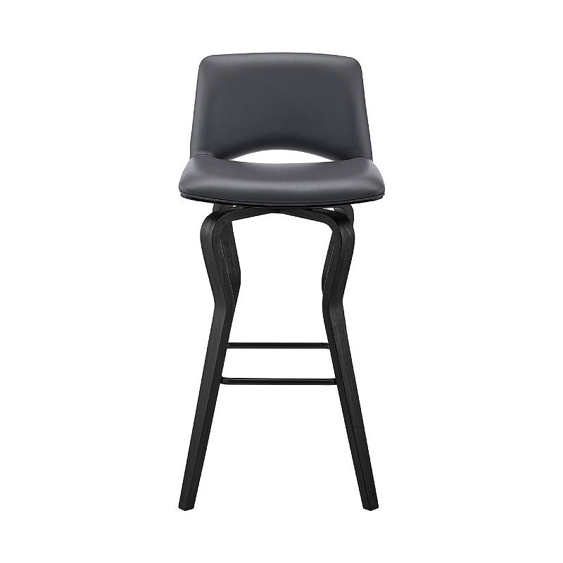 30 Inch Swivel Barstool， Vegan Faux Leather Upholstery， Wood Support， Gray， Black