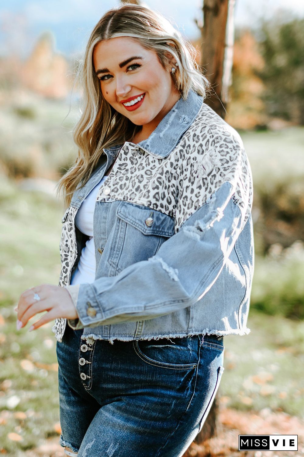 Sky Blue Plus Size Leopard Ripped Cropped Denim Jacket