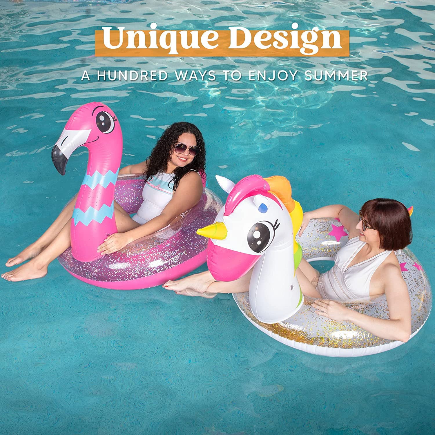 JOYIN 2 Set Inflatable Unicorn & Flamingo Pool Float with Glitters 35.5”, Pool Tubes for Floating, Fun Beach Floaties, Pool Toys, Summer Pool Beach Outdoor Party Supplies Party Toys for Kids