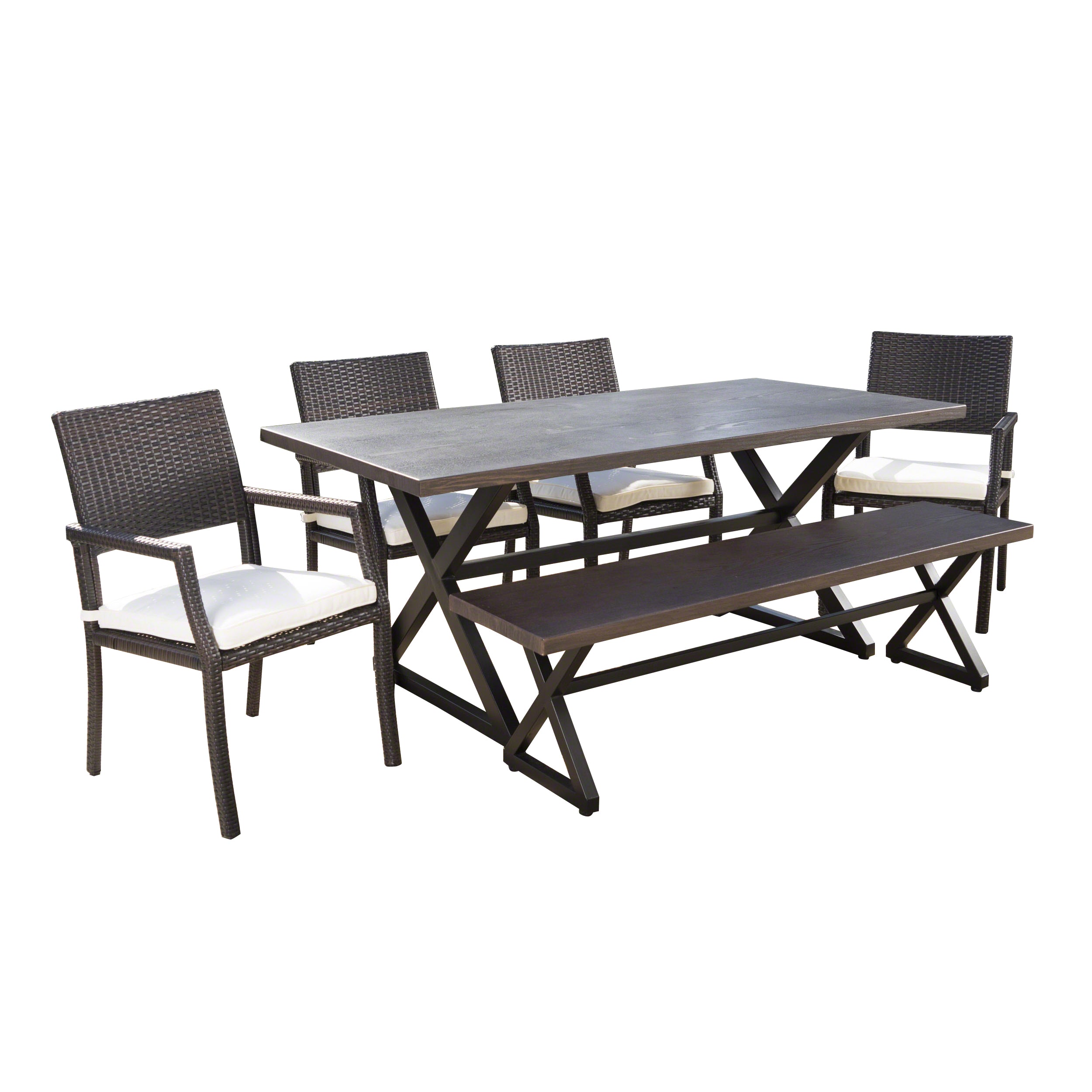 Sherman Outdoor 6 Piece Aluminum Dining Set with Bench and Wicker Dining Chairs