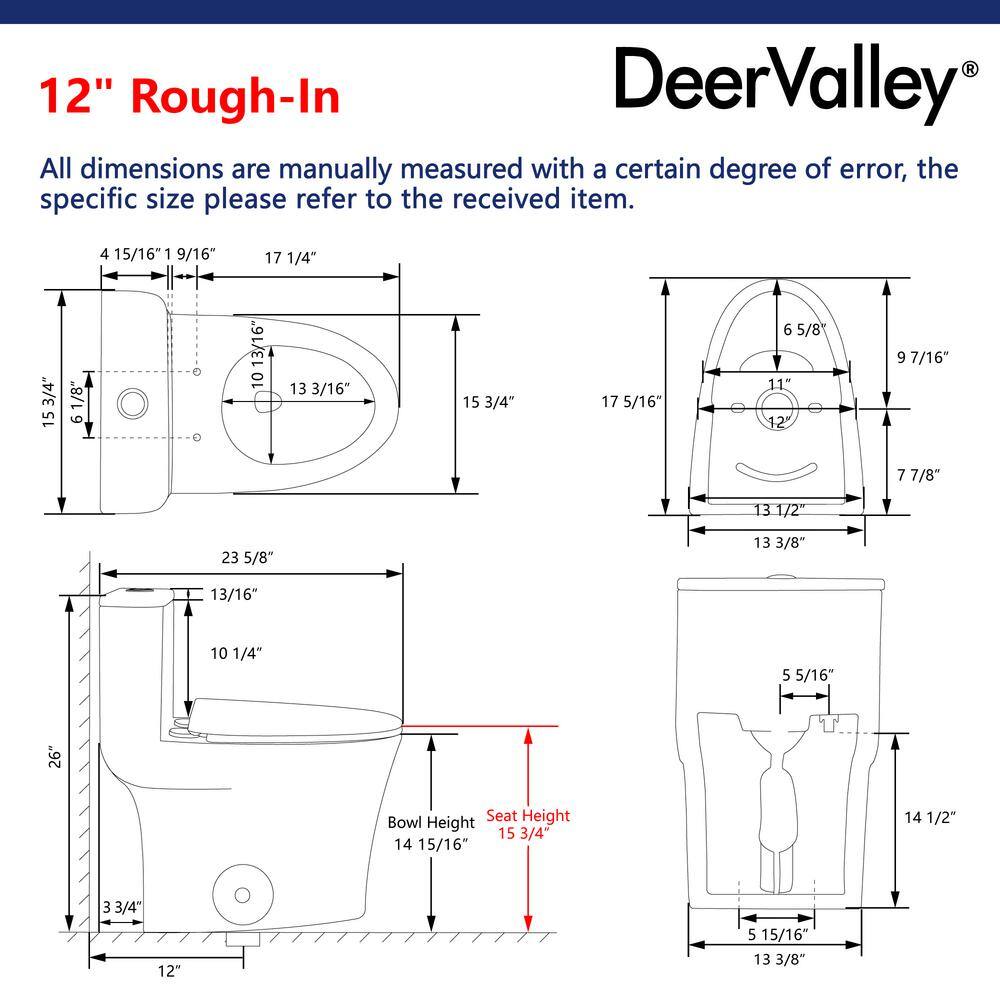 DEERVALLEY DeerValley Symmetry 12 in. Rough in Size 1-Piece 1.28 GPF Single Flush Elongated Toilet in White Seat Included DV-1F52807