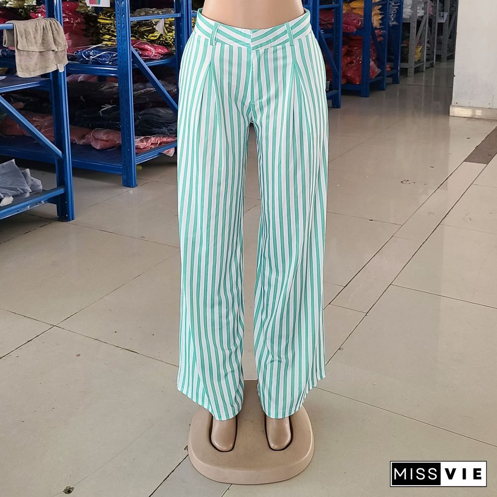 Elegant Straight High Waist Stripe Wide Leg Pants